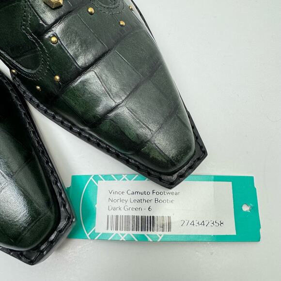 NEW Vince Camuto Norley Dark Green Crocodile Leather Gold Studded Ankle Booties - Picture 3 of 10